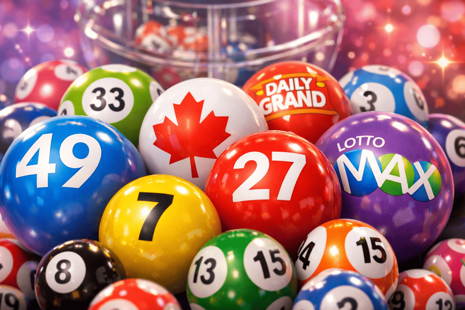 Colorful lottery balls representing different Canadian lottery games