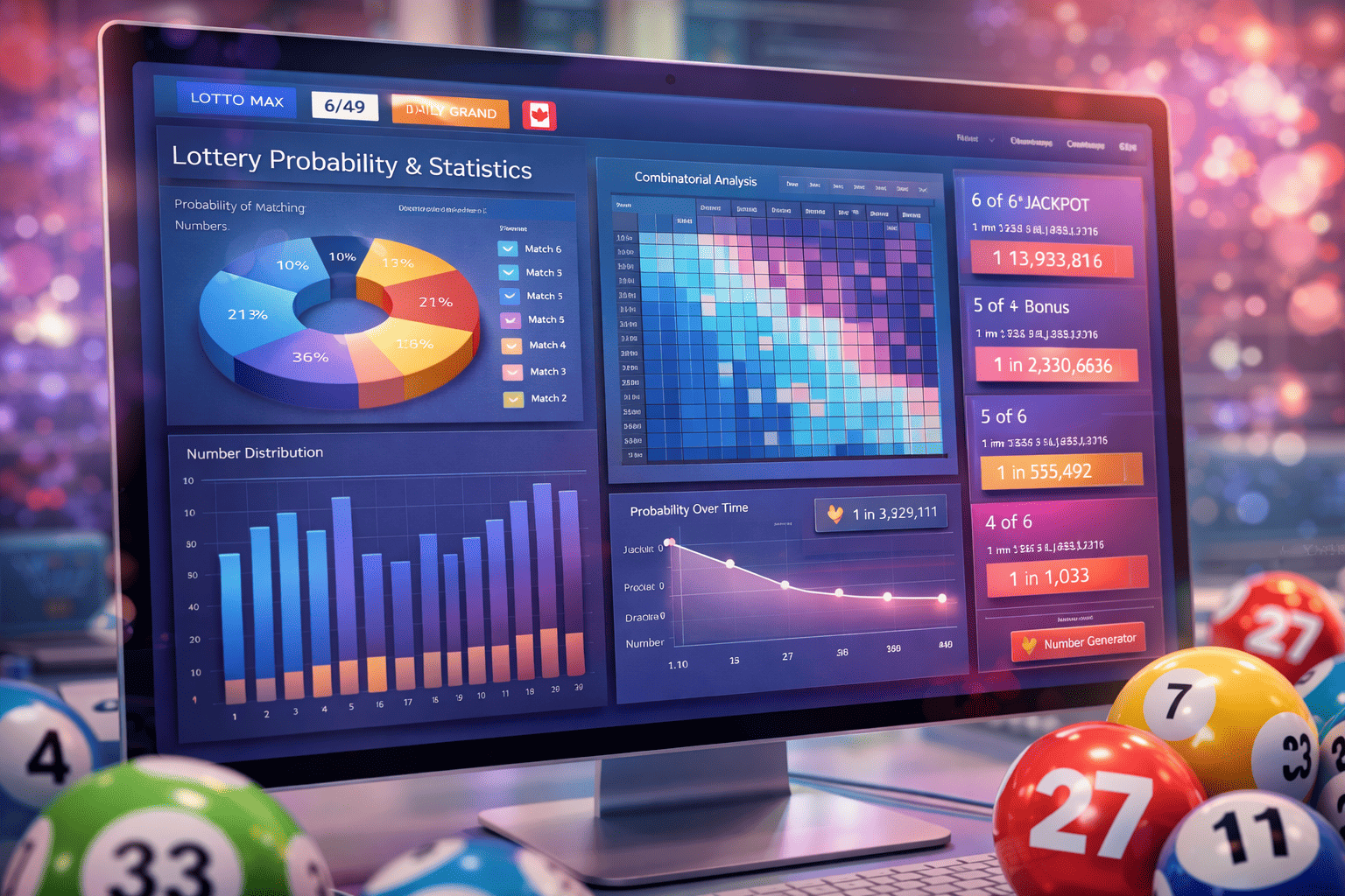 Educational dashboard showing lottery probability charts and statistical analysis